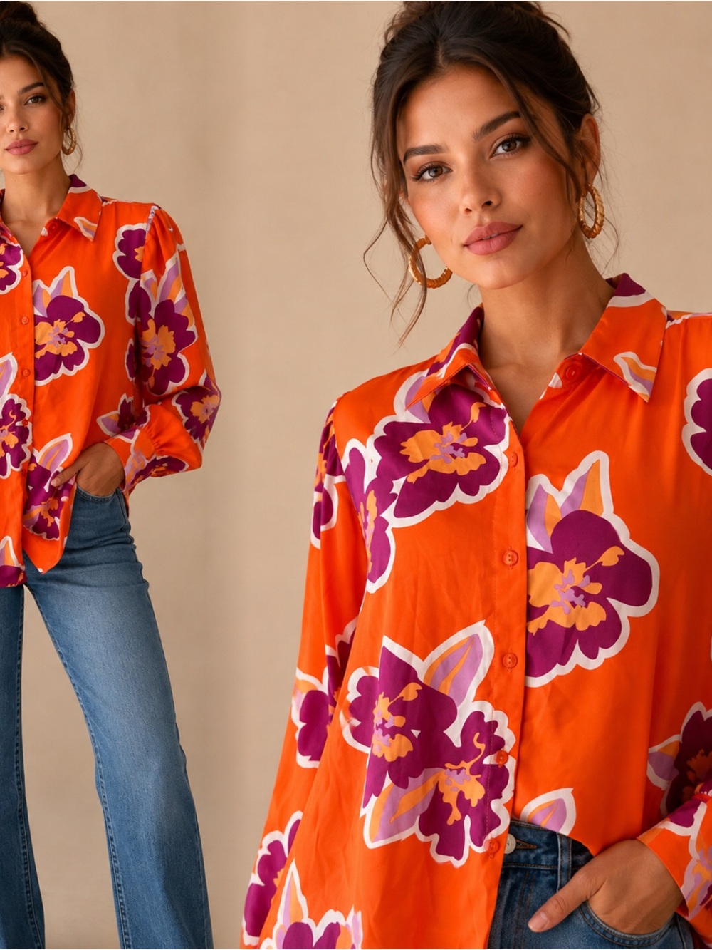 Cato Orange Floral Button-Down Blouse with Purple Accents - Picture 4 of 8